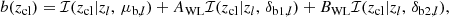 $$ \begin{aligned} b(z_{\rm cl}) = \mathcal{I} (z_{\rm cl}| z_l,\,\mu _{\mathrm{b},l}) + A_{\rm WL}\mathcal{I} (z_{\rm cl}| z_l,\,\delta _{\mathrm{b1},l}) + B_{\rm WL}\mathcal{I} (z_{\rm cl}| z_l,\,\delta _{\mathrm{b2},l}), \end{aligned} $$