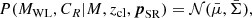 $$ \begin{aligned} P(M_{\rm WL}, C_R | M, z_{\rm cl}, \boldsymbol{p}_{\rm SR}) = \mathcal{N} (\bar{\mu }, \bar{\Sigma }), \end{aligned} $$