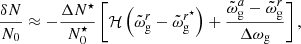 $$ \begin{aligned} \frac{\delta N}{N_0}\approx -\frac{\Delta N^\star }{N_0^\star }\left[\mathcal{H} \left(\tilde{\omega }_{\rm g}^{r}-\tilde{\omega }_{\rm g}^{r^\star }\right)+\frac{\tilde{\omega }_{\rm g}^{a}-\tilde{\omega }_{\rm g}^{r}}{\Delta \omega _{\rm g}}\right], \end{aligned} $$