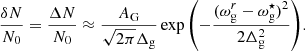 $$ \begin{aligned} \frac{\delta N}{N_0}=\frac{\Delta N}{N_0}\approx \frac{A_{\rm G}}{\sqrt{2\pi }\Delta _{\rm g}}\exp {\left(-\frac{(\omega _{\rm g}^r-\omega _{\rm g}^{\star })^2}{2\Delta _{\rm g}^2}\right)}. \end{aligned} $$
