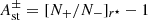$ A_{\mathrm{st}}^{\pm}=[N_{\mathrm{+}}/N_{\mathrm{-}}]_{r^\star}-1 $