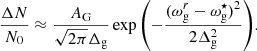 $$ \begin{aligned} \frac{\Delta N}{N_0}\approx \frac{A_{\rm G}}{\sqrt{2\pi }\Delta _{\rm g}}\exp {\left(-\frac{(\omega _{\rm g}^r-\omega _{\rm g}^{\star })^2}{2\Delta _{\rm g}^2}\right)}. \end{aligned} $$