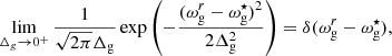 $$ \begin{aligned} \lim _{\Delta _g\rightarrow 0^+}\frac{1}{\sqrt{2\pi }\Delta _{\rm g}}\exp {\left(-\frac{(\omega _{\rm g}^r-\omega _{\rm g}^{\star })^2}{2\Delta _{\rm g}^2}\right)} = \delta (\omega _{\rm g}^r-\omega _{\rm g}^{\star }), \end{aligned} $$