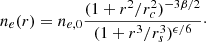 $$ \begin{aligned} n_e(r) = n_{e,0} \frac{(1+r^2/r_c^2)^{-3\beta /2}}{(1+r^3/r_s^3)^{\epsilon / 6}}\cdot \end{aligned} $$