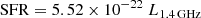$$ \begin{aligned} \mathrm{SFR} = 5.52 \times 10^{-22}~L_{1.4\,\mathrm{GHz}} \end{aligned} $$