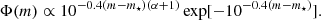 $$ \begin{aligned} \Phi (m) \propto 10^{-0.4(m-m_\star )(\alpha +1)}\exp [{-10^{-0.4(m-m_\star )}]}. \end{aligned} $$