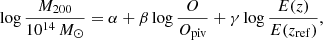 $$ \begin{aligned} \log \frac{M_{200}}{10^{14}\,M_\odot } = \alpha + \beta \log \frac{O}{O_{\rm piv}} + \gamma \log \frac{E(z)}{E(z_{\rm ref})}, \end{aligned} $$