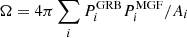 $ \Omega=4\pi\sum_{i}P_{i}^{\mathrm{GRB}}P_{i}^{\mathrm{MGF}}/A_{i} $