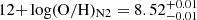 $ 12{+}\log(\mathrm{O/H})_{\mathrm{N2}}=8.52^{+0.01}_{-0.01} $