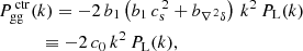 $$ \begin{aligned}&P_{\rm gg}^{\,\mathrm {ctr}}(k)= -2 \, b_1\left( b_1\,c_{\rm s}^{\,2}+b_{\nabla ^{\,2}\delta } \right) \, k^2 \, P_{\rm L}(k) \nonumber \\&\qquad \ \ \ \equiv -2 \, c_0 \, k^2 \, P_{\rm L}(k), \end{aligned} $$
