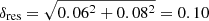 $ \delta_{\mathrm{res}} = \sqrt{0.06^2+0.08^2}=0.10 $