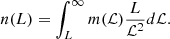 $$ \begin{aligned} n(L) = \int _{L}^{\infty } m(\mathcal{L} ) \frac{L}{\mathcal{L} ^2} d\mathcal{L} . \end{aligned} $$