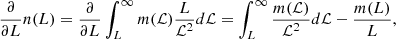 $$ \begin{aligned} \frac{\partial }{\partial L} n(L) = \frac{\partial }{\partial L} \int _{L}^{\infty } m(\mathcal{L} ) \frac{L}{\mathcal{L} ^2} d\mathcal{L} = \int _{L}^{\infty } \frac{m(\mathcal{L} )}{\mathcal{L} ^2} d\mathcal{L} - \frac{m(L)}{L}, \end{aligned} $$