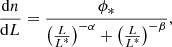 $$ \begin{aligned} \frac{\mathrm{d}n}{\mathrm{d}L} = \frac{\phi _{*}}{\left(\frac{L}{L^{*}}\right)^{-\alpha }+\left(\frac{L}{L^{*}}\right)^{-\beta }}, \end{aligned} $$