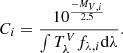 $$ \begin{aligned} C_i=\frac{10^{\frac{-M_{V,i}}{2.5}}}{\int T^{V}_\lambda f_{\lambda ,i} \mathrm{d}\lambda }. \end{aligned} $$