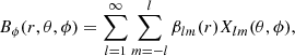 $$ \begin{aligned} B_{\phi }(r,\theta ,\phi ) = \sum _{l=1}^{\infty }\sum _{m=-l}^{l}\beta _{lm}(r)X_{lm}(\theta ,\phi ), \end{aligned} $$