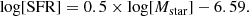 $$ \begin{aligned} \log [\mathrm{SFR}] = 0.5 \times \log [M_{\rm star}] - 6.59. \end{aligned} $$