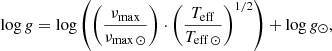 $$ \begin{aligned} \log g = \log \left(\left(\frac{\nu _{\rm max}}{\nu _{\rm max\,\odot }}\right)\cdot \left(\frac{T_{\rm eff}}{T_{\rm eff\,\odot }}\right)^{1/2}\right)+ \log g_{\odot }, \end{aligned} $$