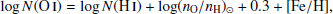 $$ \begin{aligned} \log N({\mathrm{O}\,{\small{\text{I}}}}) = \log N({\mathrm{H}\,{{\small{\text{I}}} }}) + \log (n_{\rm O} / n_{\rm H})_{\odot }+0.3 + [\mathrm{Fe}/\mathrm{H}], \end{aligned} $$