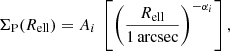 $$ \begin{aligned} \Sigma _{\rm P} (R_{\mathrm{ell}})&= A_{i}\ \left[\left(\frac{R_{\mathrm{ell}}}{1\,\mathrm{arcsec}}\right)^{-\alpha _{i}}\right] ,\end{aligned} $$