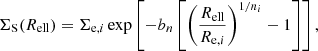 $$ \begin{aligned} \Sigma _{\rm S} (R_{\mathrm{ell}})&= \Sigma _{\mathrm{e},i} \exp \left[-b_n \left[\left(\frac{R_{\mathrm{ell}}}{R_{\mathrm{e},i}}\right)^{{1}/{n_{i}}}-1\right]\right], \end{aligned} $$