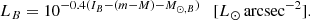 $$ \begin{aligned} L_{B} = 10^{-0.4(I_{B}-{(m-M)}-M_{\odot ,{B}})}\quad [L_\odot \,\mathrm{arcsec}^{-2}]. \end{aligned} $$