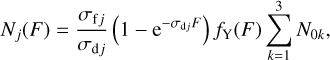 ${N_j}(F) = {{{\sigma _{{\rm{f}}j}}} \over {{\sigma _{{\rm{d}}j}}}}\left( {1 - {{\rm{e}}^{ - {\sigma _{{\rm{d}}j}}F}}} \right){f_{\rm{Y}}}(F)\sum\limits_{k = 1}^3 {{N_{0k}}} ,$