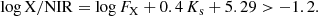 $$ \begin{aligned} \log \mathrm{X/NIR} = \log F_{\rm X} + 0.4\, K_{\rm s} + 5.29 > {-}1.2. \end{aligned} $$