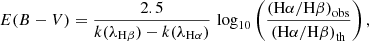 $$ \begin{aligned} E(B-V) = \frac{2.5}{k(\lambda _{\mathrm{H}\beta })-k(\lambda _{\mathrm{H}\alpha })}\,\log _{10} \left( \frac{\left(\mathrm{H}\alpha /\mathrm{H}\beta \right)_{\rm obs}}{\left(\mathrm{H}\alpha /\mathrm{H}\beta \right)_{\rm th}} \right), \end{aligned} $$