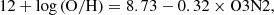 $$ \begin{aligned} 12+\log \left(\mathrm{O/H}\right)= 8.73 - 0.32\times \mathrm{O3N2} , \end{aligned} $$