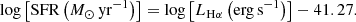 $$ \begin{aligned} \log \left[\mathrm{SFR} \left(M_\odot \,\mathrm{yr}^{-1}\right)\right] = \log \left[L_{\mathrm{H}\alpha } \left(\mathrm{erg}\,\mathrm{s^{-1}}\right)\right] - 41.27. \end{aligned} $$
