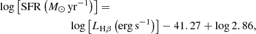 $$ \begin{aligned}&\log \left[\mathrm{SFR} \left(M_\odot \,\mathrm{yr}^{-1}\right)\right] = \nonumber \\&\qquad \qquad \qquad \qquad \log \left[L_{\mathrm{H}\beta } \left(\mathrm{erg}\,\mathrm{s^{-1}}\right)\right] - 41.27 + \log 2.86, \end{aligned} $$