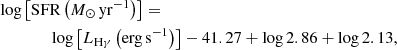 $$ \begin{aligned}&\log \left[\mathrm{SFR} \left(M_\odot \,\mathrm{yr}^{-1}\right)\right] = \nonumber \\&\qquad \qquad \log \left[L_{\mathrm{H}\gamma } \left(\mathrm{erg}\,\mathrm{s^{-1}}\right)\right] - 41.27 + \log 2.86 + \log 2.13, \end{aligned} $$
