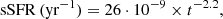 $$ \begin{aligned} \mathrm{sSFR}\,(\mathrm{yr}^{-1}) = 26\cdot 10^{-9} \times t^{-2.2}, \end{aligned} $$