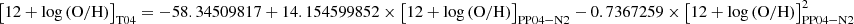 $$ \begin{aligned}&\left[12+\log \left(\mathrm{O/H}\right)\right]_{\rm T04} = -58.34509817 + 14.154599852 \times \left[12+\log \left(\mathrm{O/H}\right)\right]_{\rm PP04-N2} -0.7367259\times \left[12+\log \left(\mathrm{O/H}\right)\right]_{\rm PP04-N2}^2 \end{aligned} $$