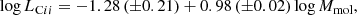 $$ \begin{aligned} \log L_{{\mathrm{C}ii }} = -1.28\,({\pm }0.21) + 0.98\,({\pm }0.02) \log M_{\mathrm{mol} }, \end{aligned} $$