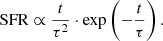 $$ \begin{aligned} \text{ SFR} \propto \frac{t}{\tau ^2} \cdot \exp \left(-\frac{t}{\tau }\right) .\end{aligned} $$
