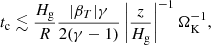 $$ \begin{aligned} t_\mathrm{c} \lesssim \frac{H_\mathrm{g} }{R}\frac{|\beta _T|\gamma }{2(\gamma -1)}\left|\frac{z}{H_\mathrm{g} }\right|^{-1}\Omega _\mathrm{K} ^{-1}, \end{aligned} $$