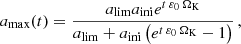 $$ \begin{aligned} a_{\mathrm{max} } (t) = \frac{a_\mathrm{lim} a_\mathrm{ini} e^{t\, \varepsilon _0\, \Omega _\text{K}}}{a_\mathrm{lim} +a_\mathrm{ini} \left(e^{t\,\varepsilon _0\, \Omega _\text{K}} - 1\right)} \, , \end{aligned} $$