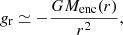 $$ \begin{aligned} g_{\mathrm{r} } \simeq -\frac{G M_{\mathrm{enc} }(r)}{r^{2}}, \end{aligned} $$