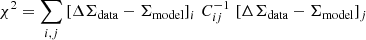 $$ \begin{aligned} \chi ^2 = \sum _{i,j} \left[ \Delta \Sigma _{\rm data} - \Sigma _{\rm model}\right]_i \,C_{ij}^{-1}\, \left[ \Delta \Sigma _{\rm data} - \Sigma _{\rm model}\right]_j\, \end{aligned} $$