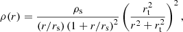 $$ \begin{aligned} \rho (r)=\frac{\rho _{\rm s}}{\left(r/r_{\rm s}\right)\left(1+r/r_{\rm s}\right)^2}\left(\frac{r_{\rm t}^2}{r^2+r_{\rm t}^2}\right)^2, \end{aligned} $$