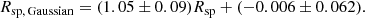 $$ \begin{aligned} R_{\rm sp,\,Gaussian} = (1.05 \pm 0.09 )R_{\rm sp} + ( -0.006 \pm 0.062). \end{aligned} $$