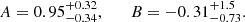 $$ \begin{aligned} A=0.95^{+0.32}_{-0.34} ,\qquad B=-0.31^{+1.5}_{-0.73}. \end{aligned} $$