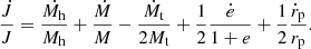 $$ \begin{aligned} \frac{\dot{J}}{J}=\frac{\dot{M_{\rm h}}}{M_{\rm h}}+\frac{\dot{M}}{M}-\frac{\dot{M_{\rm t}}}{2M_{\rm t}}+\frac{1}{2}\frac{\dot{e}}{1+e}+\frac{1}{2}\frac{\dot{r}_{\rm p}}{r_{\rm p}}. \end{aligned} $$