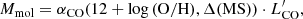 $$ \begin{aligned} M_{\rm mol} = \alpha _{\rm CO}(12 + \log \mathrm{(O/H)},\Delta (\mathrm{MS}))\cdot L^\prime _{\rm CO}, \end{aligned} $$