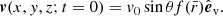 $$ \begin{aligned} {\boldsymbol{v}}(x,{ y},z; t=0) = v_0\sin {\theta }f(\bar{r}) \hat{{\boldsymbol{e}}}_{\rm v}. \end{aligned} $$