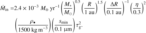 $\[\begin{aligned}& \dot{M}_{\mathrm{in}}= 2.4 \times 10^{-3} M_{\oplus} \mathrm{~yr}^{-1}\left(\frac{M_*}{M_{\odot}}\right)^{0.5}\left(\frac{R}{1 \mathrm{~au}}\right)^{1.5}\left(\frac{\Delta R}{0.1 \mathrm{~au}}\right)^{-1}\left(\frac{\eta}{0.3}\right)^2 \\&\qquad\quad\left(\frac{\rho \bullet}{1500 \mathrm{~kg} \mathrm{~m}^{-3}}\right)\left(\frac{s_{\min }}{0.1 ~\mu \mathrm{m}}\right) \tau_{\mathrm{g}}^2.\end{aligned}\]$