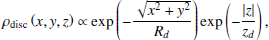 $$ \begin{aligned} \rho _{\mathrm{disc}}\left(x,{ y},z\right)\propto \exp \left(-\dfrac{\sqrt{x^2+{ y}^2}}{R_d}\right)\exp \left(-\dfrac{|z|}{z_d}\right), \end{aligned} $$