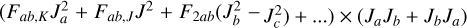 $\left( {{F_{ab,K}}J_a^2 + {F_{ab,J}}{J^2} + {F_{2ab}}\left( {J_b^2 - } \right.} \right.\left. {\left. {J_c^2} \right) + \ldots } \right) \times \left( {{J_a}{J_b} + {J_b}{J_a}} \right)$
